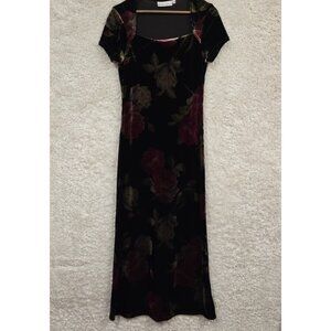 Dressbarn Velvet Dress Women 8 Black Floral Stretch Square Neck
